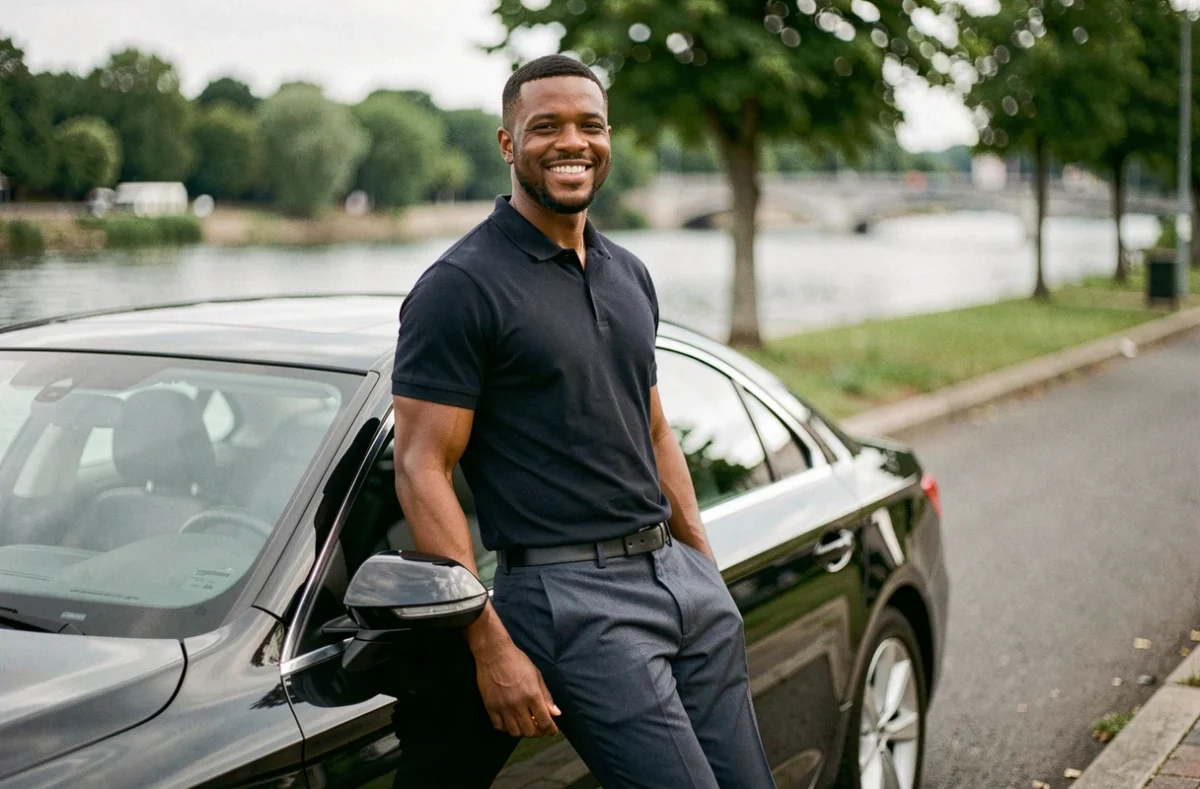 Abdoulaye Konte chauffeur VTC indépendant souriant appuyé sur sa berline noire au bord de la Seine à Rouen