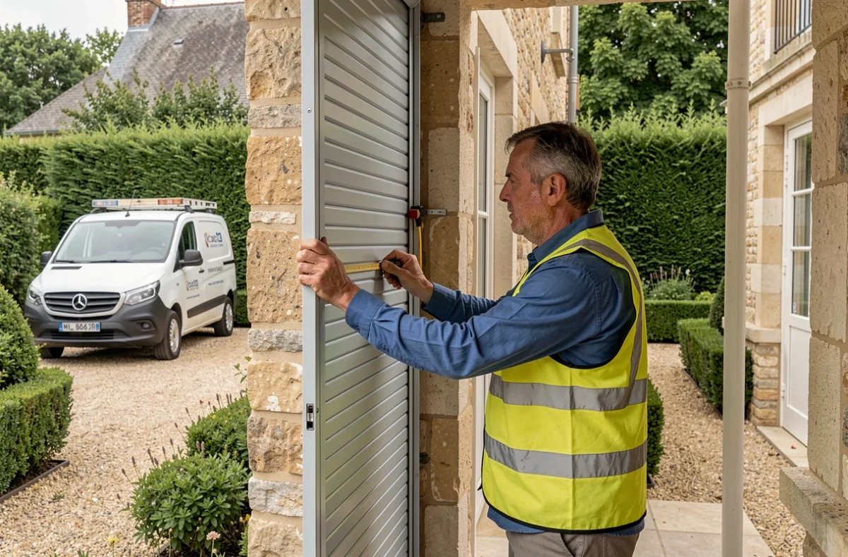 Installateur d'ABM Fermetures posant un volet roulant en aluminium sur une maison en pierre du Berry