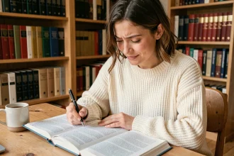 Jeune femme étudiant la grammaire française et l'accord des verbes au présent de l'indicatif avec un manuel et des notes manuscrites