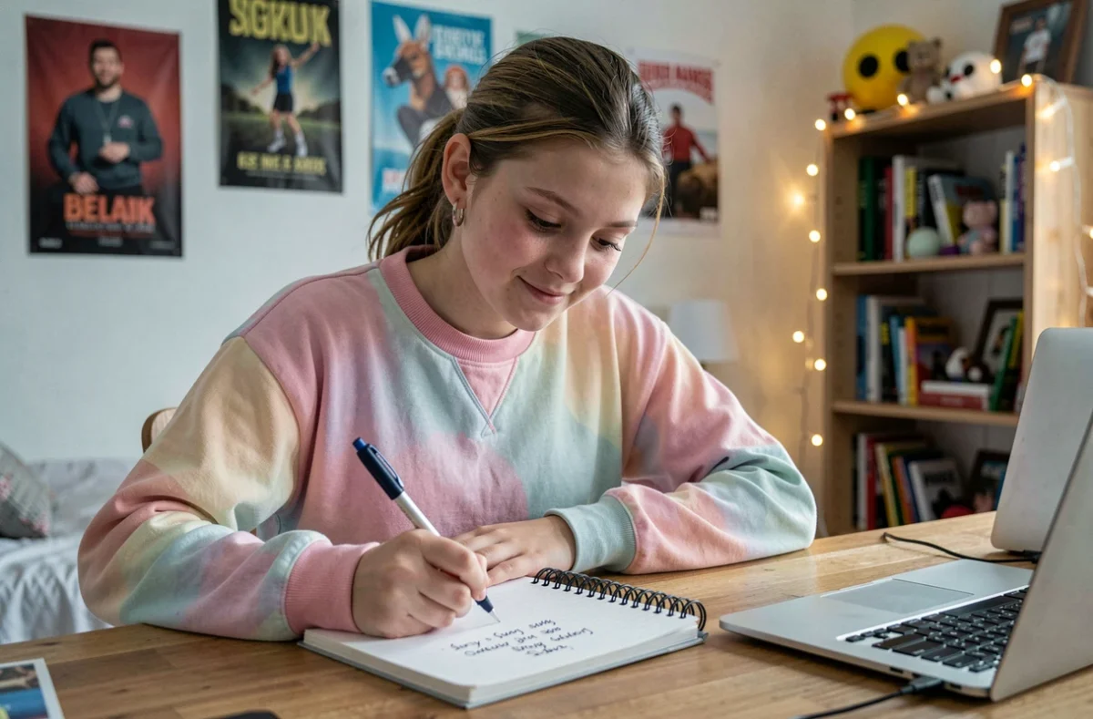 Adolescente assise à son bureau en train d'écrire dans un carnet les nouvelles expressions et le vocabulaire des jeunes en 2026
