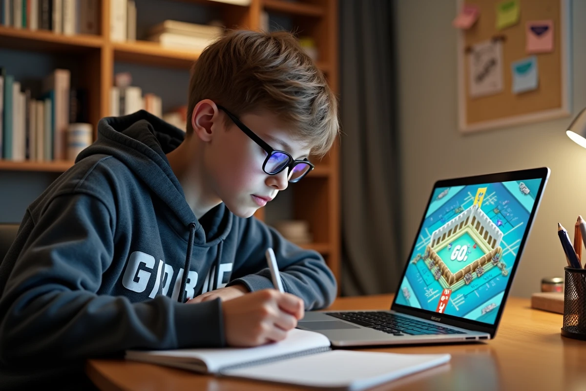 Adolescent jouant à Monopoly GO sur son ordinateur dans sa chambre
