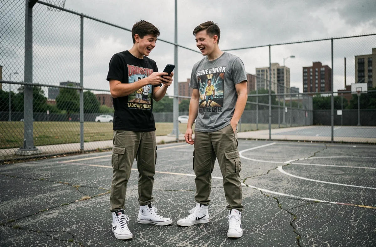 Deux adolescents dans un parc urbain regardant un smartphone en riant, symbolisant le partage du vocabulaire et des expressions tendance des jeunes en 2026