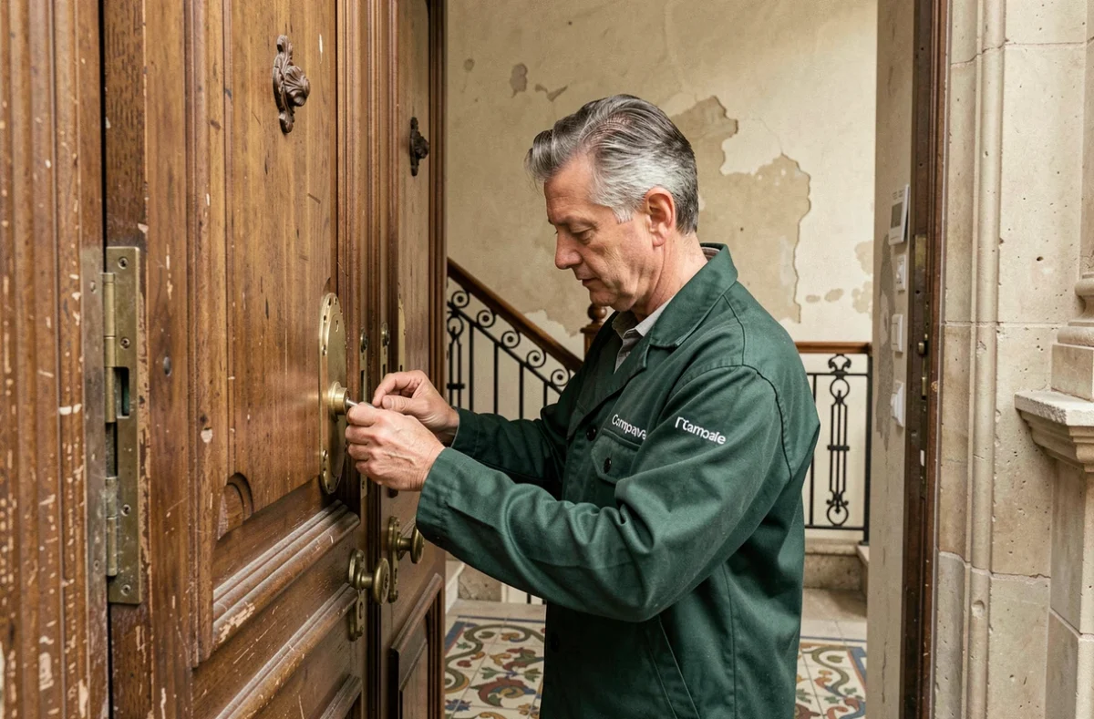 Serrurier Agullo remplaçant une serrure à mortaise sur une double porte ancienne dans un bâtiment en pierre