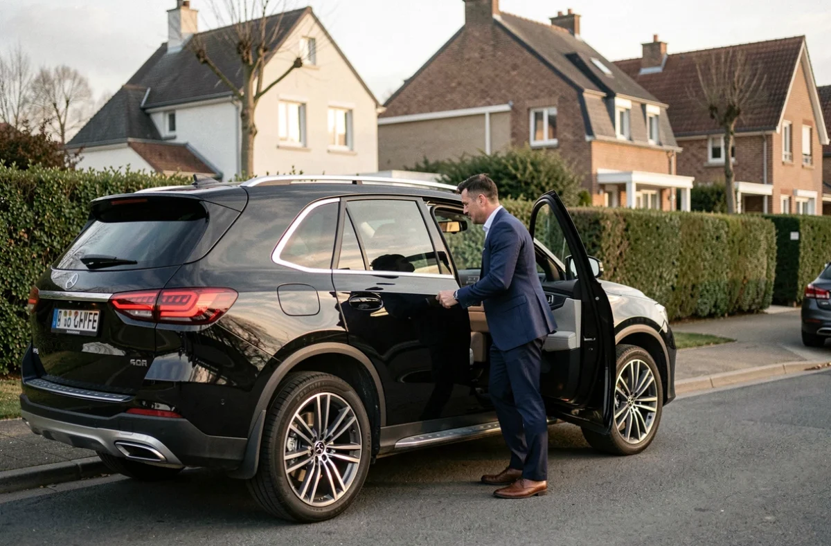 Chauffeur ALLANO VTC secteur Rouen ouest ouvrant la portière d'un SUV noir devant un quartier résidentiel