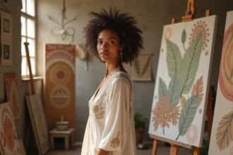 Artiste aux origines culturelles mixtes devant ses toiles mêlant influences berbères et latino-américaines dans un atelier créatif