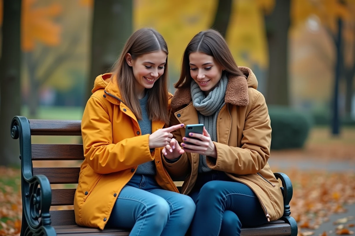 Deux amies lisant un message écrit sur un téléphone dans un parc, illustrant les questions d'orthographe et de grammaire française