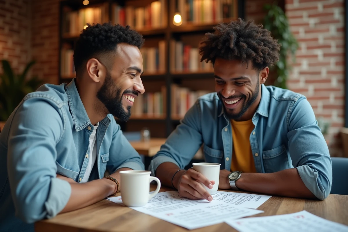 Deux hommes jouent à un jeu de mots dans un café