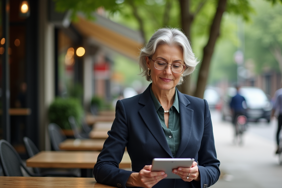 Analyste financier étudie des rapports ESG en café urbain