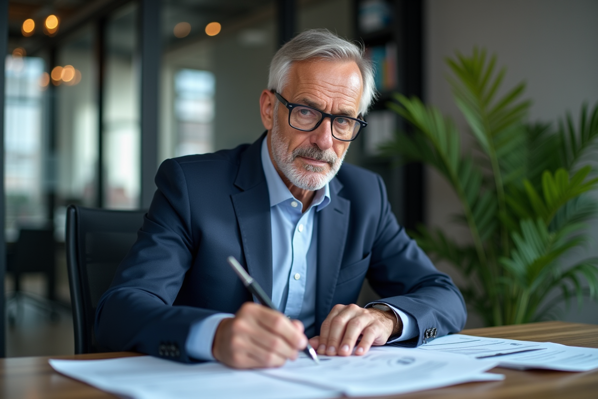 Analyste financier seul à son bureau en pleine réflexion