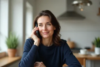Femme effectuant un appel téléphonique entre la Belgique et la France depuis son domicile