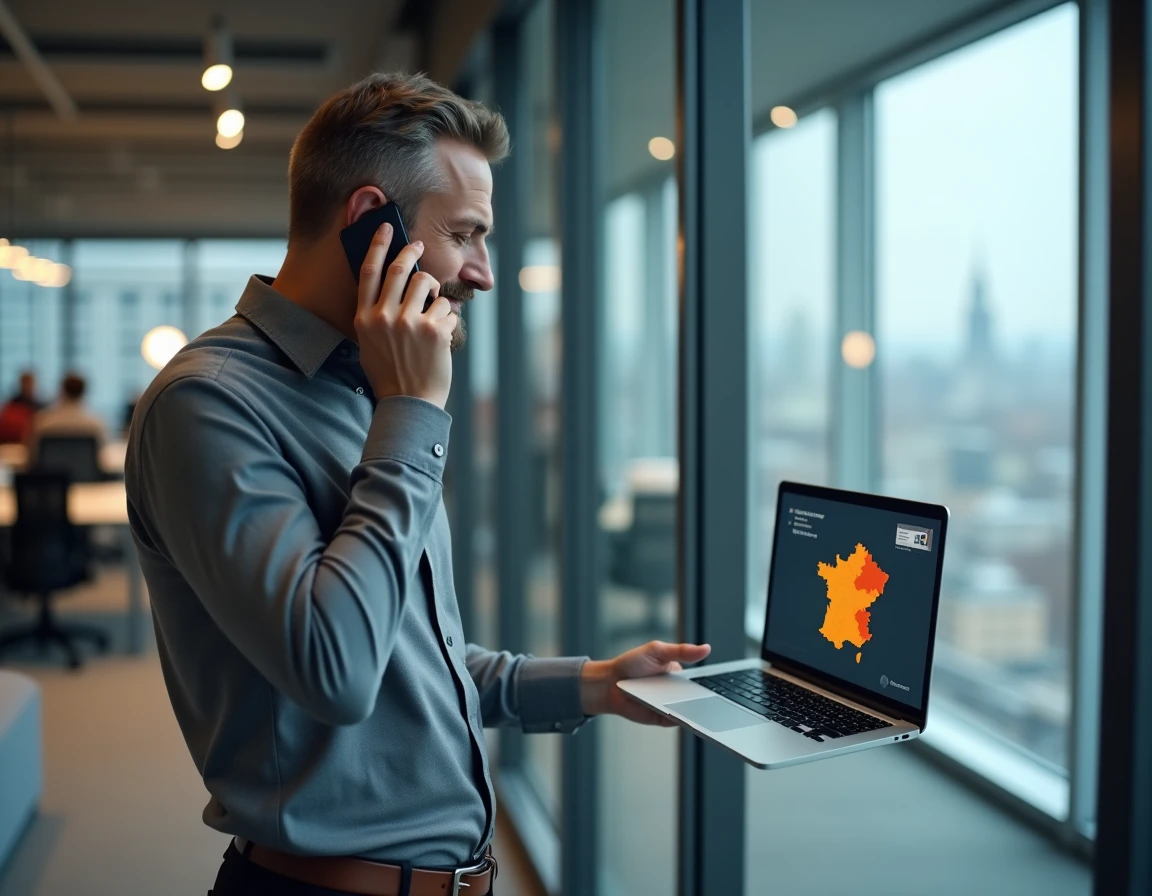 Homme en bureau effectuant un appel international Belgique France sur smartphone