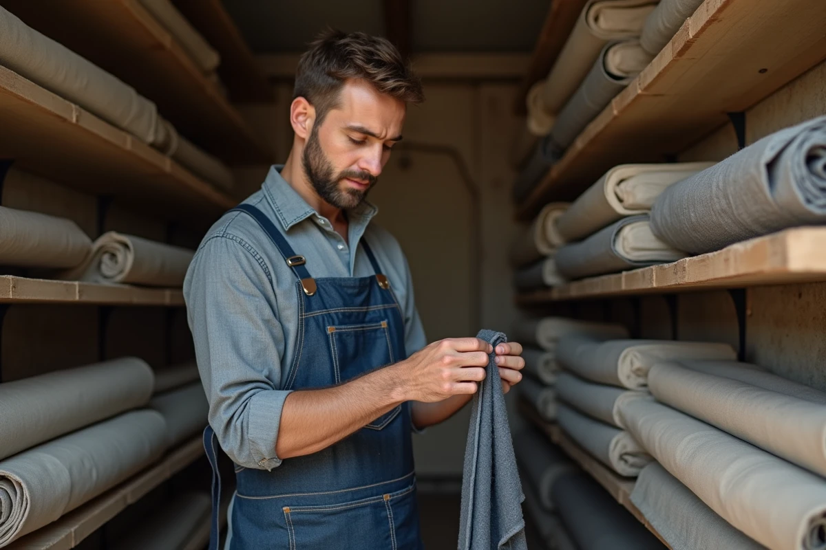 Artisan tailleur examinant un tissu dans un atelier parisien aux murs en pierre, référence aux métiers d'art des faubourgs historiques influençant la mode