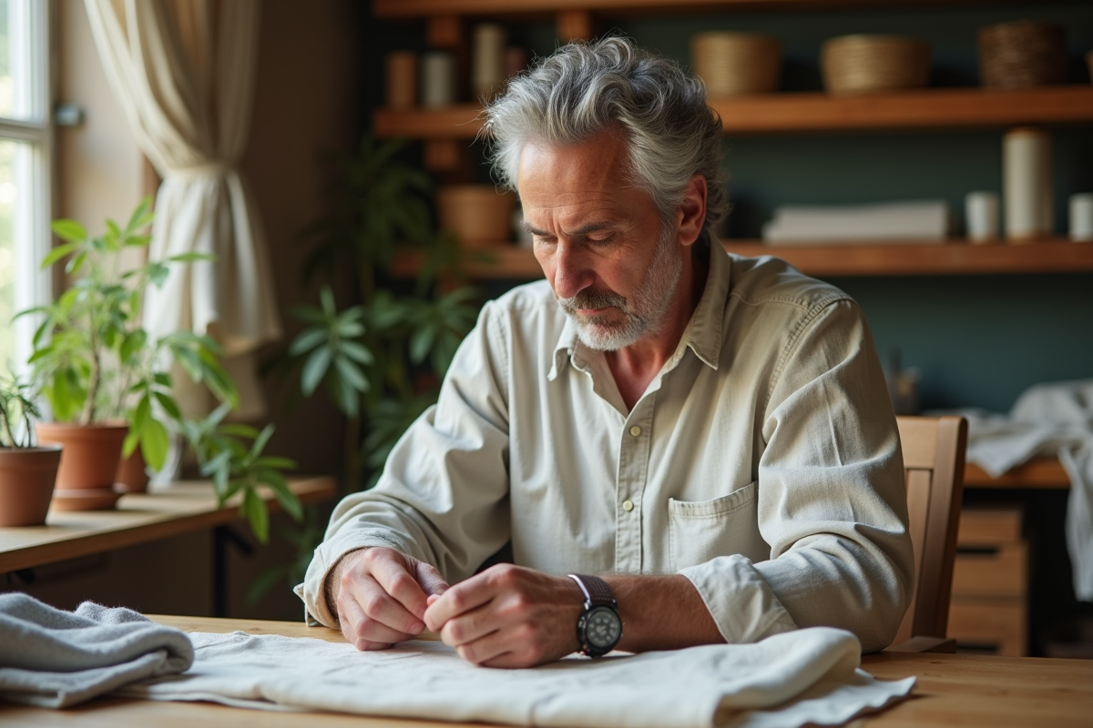 Homme cousant un vêtement dans un atelier artisanal