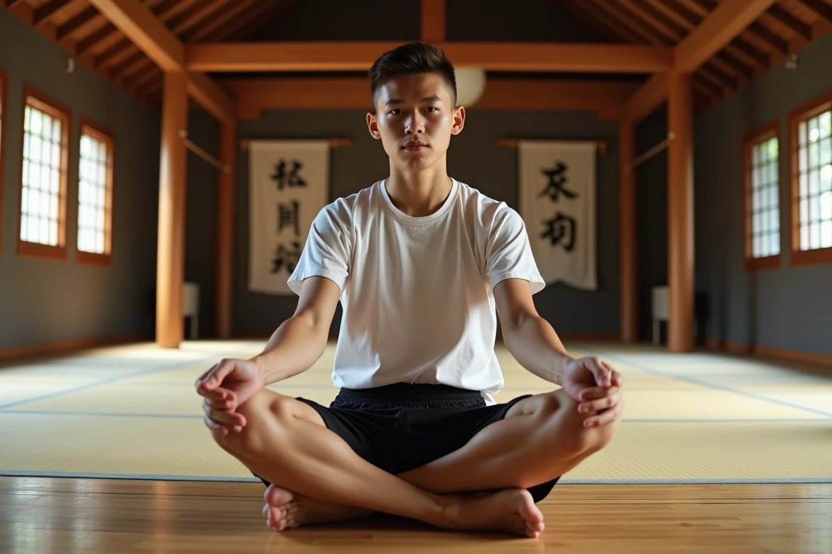 Jeune artiste martial en dojo assis en tailleur intérieur traditionnel