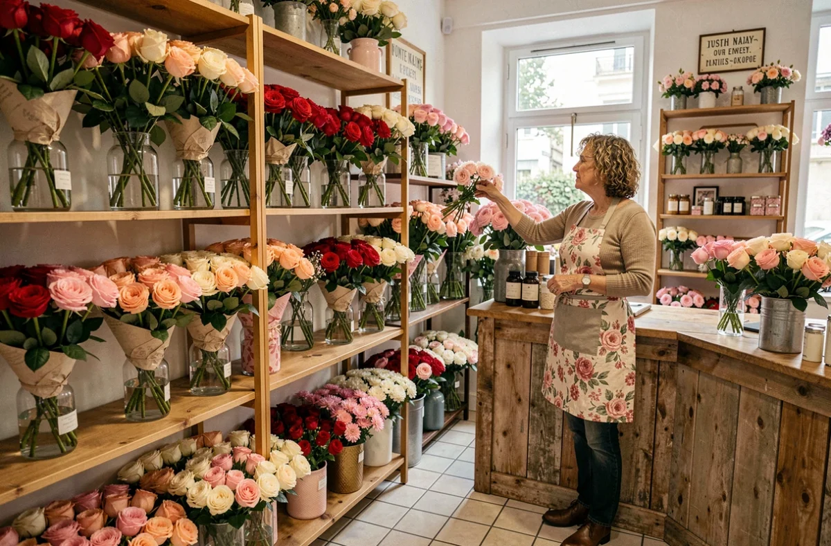 Boutique Aux Roses de Fontenay avec un assortiment de roses fraîches aux couleurs variées
