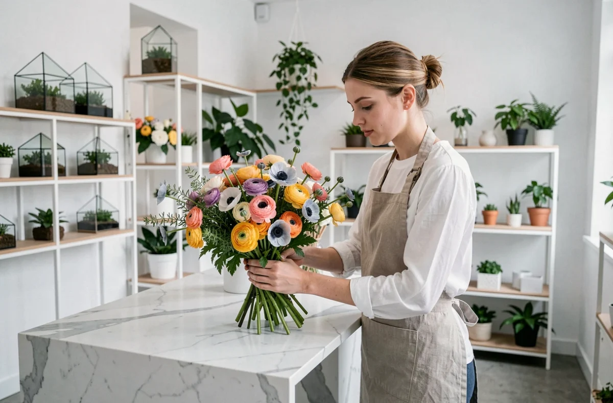 Fleuriste jeune femme composant un bouquet moderne dans la boutique Avec des Fleurs au design épuré
