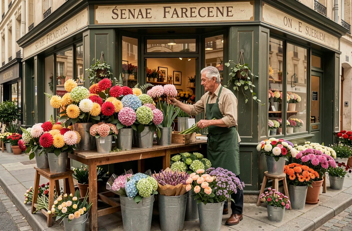 Fleuriste Baesler Gérard devant sa boutique traditionnelle avec de grandes compositions florales de saison