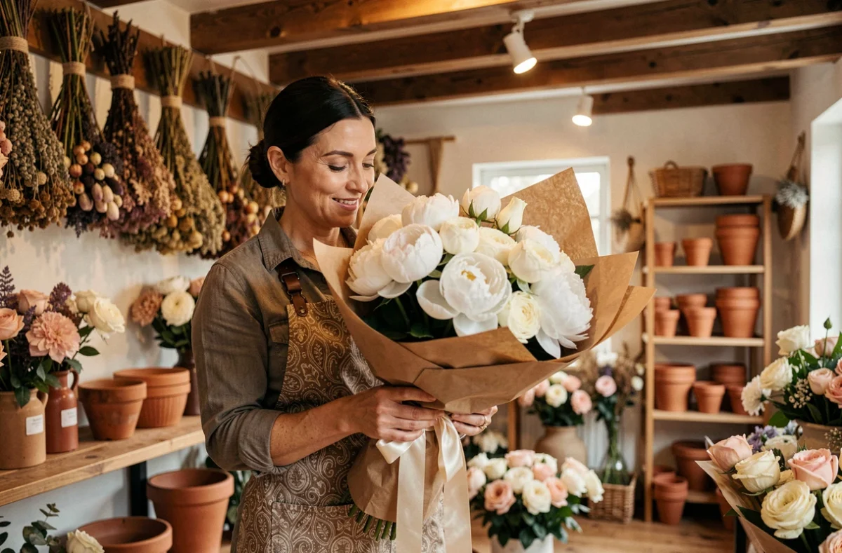 Fleuriste Bailée Flor préparant un bouquet de mariée en pivoines blanches dans sa boutique chaleureuse