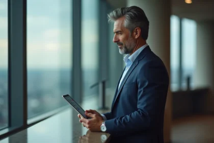 Banquier homme en costume navy dans un bureau moderne