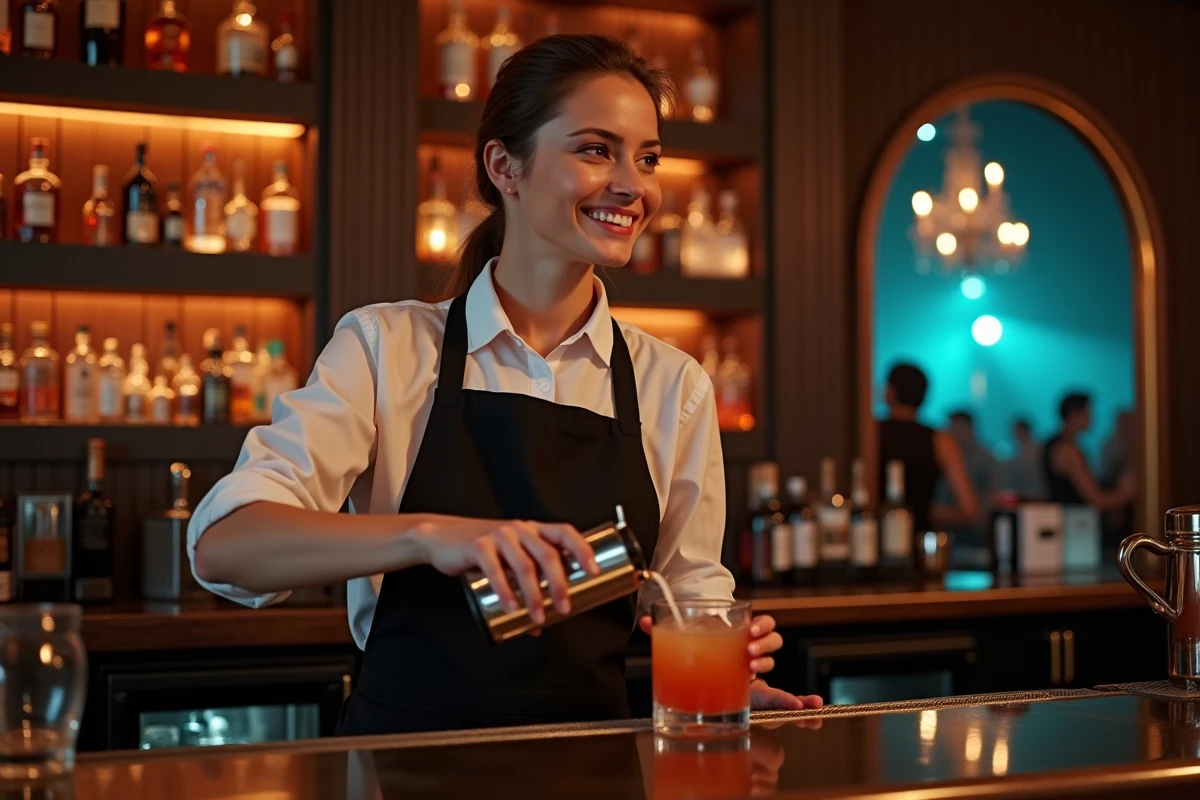 Barmaid préparant un cocktail dans un bar danse de Strasbourg avec DJ visible en arrière-plan