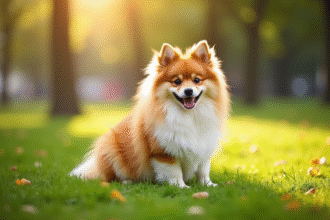 Chien Spitz orange et blanc dans un parc ensoleille