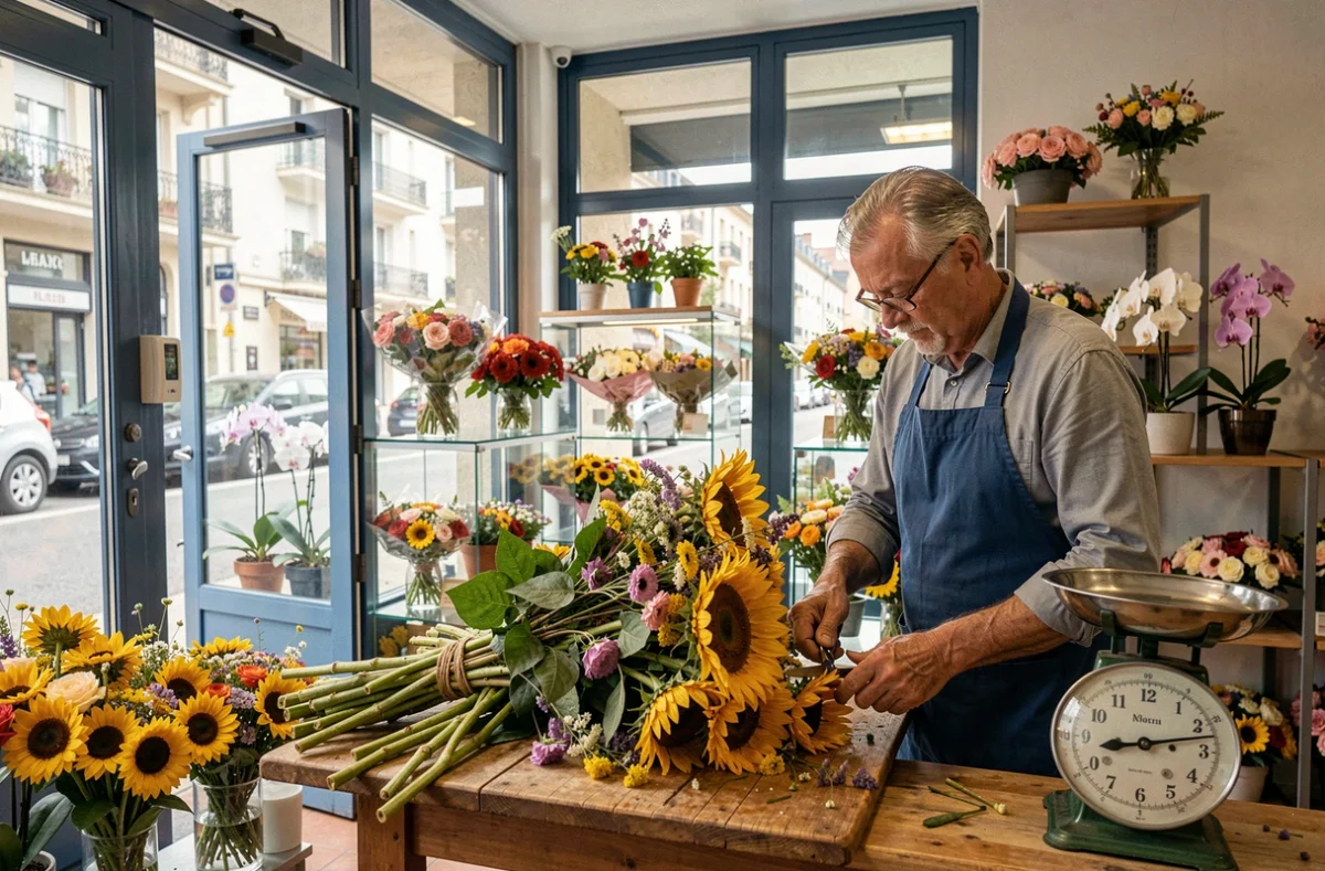 Fleuriste Bernard Fleurs préparant un bouquet de tournesols dans sa boutique de quartier bien achalandée
