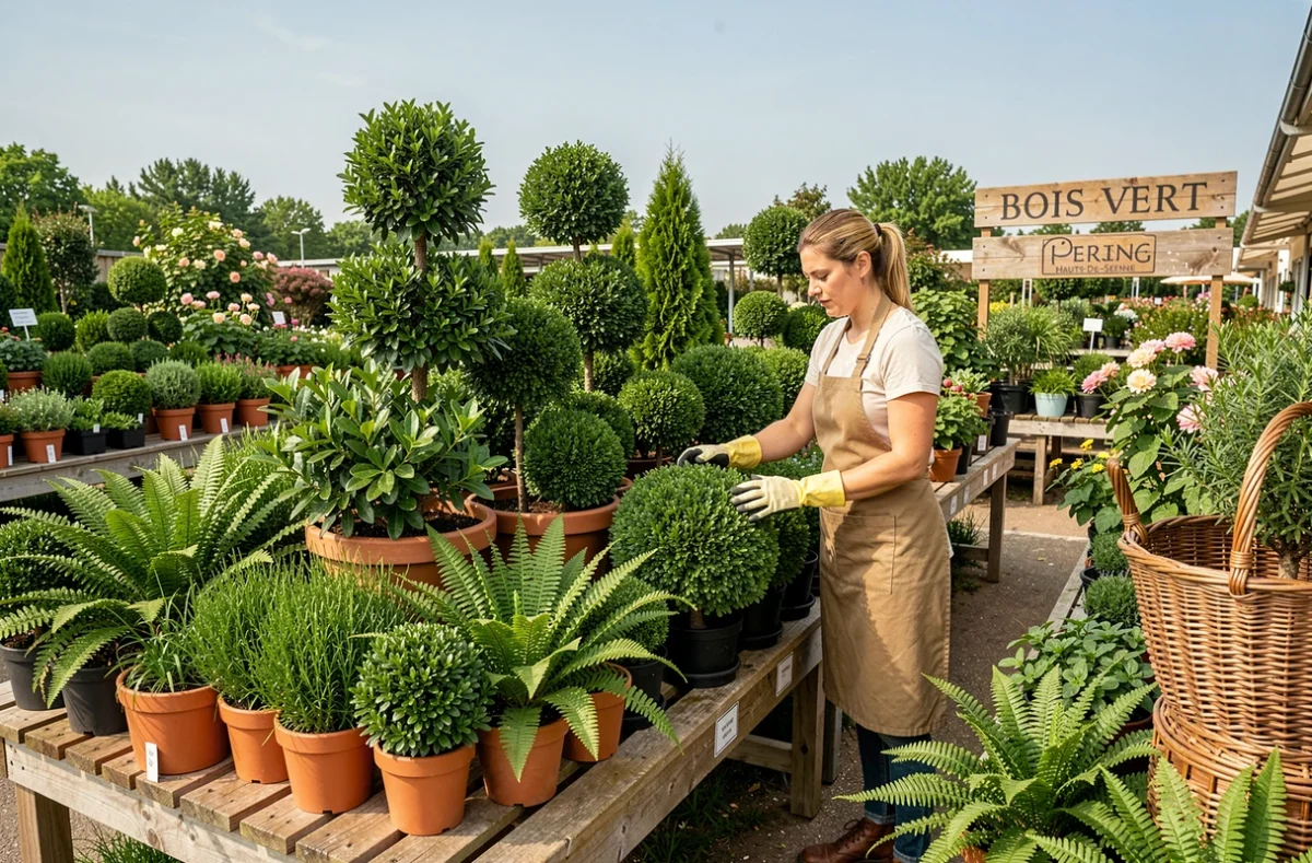 Employée de Bois Vert entretenant une vaste gamme de plantes vertes et arbustes en pot à l'extérieur