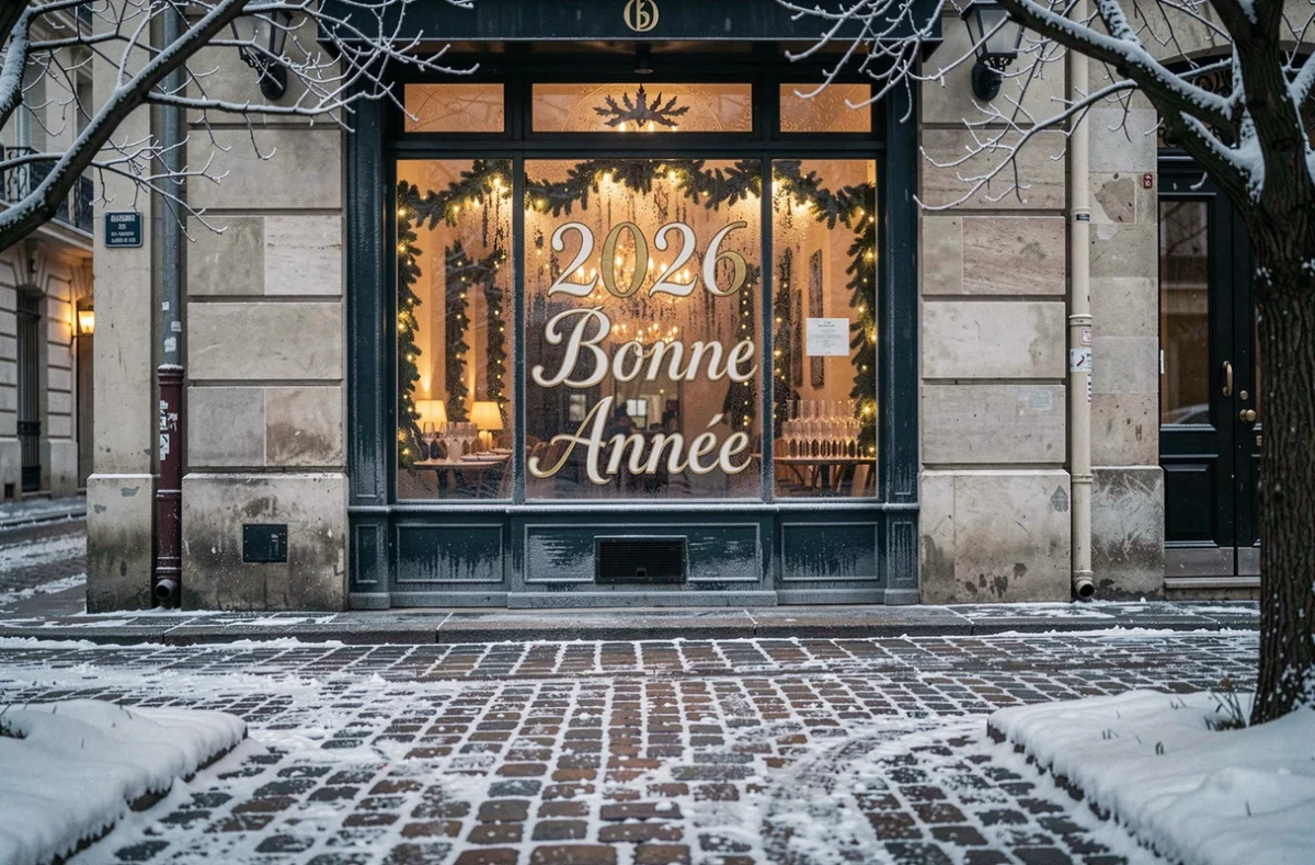 Vitrine de café parisien avec inscription Bonne Année 2026 en dorure sur fond hivernal enneigé