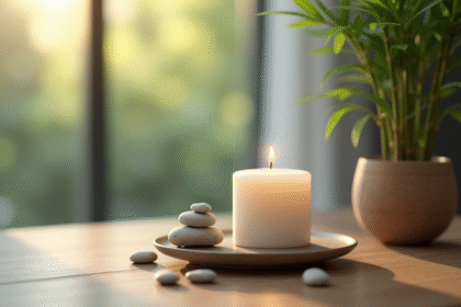 Bougie blanche allumee sur table en bois decor zen