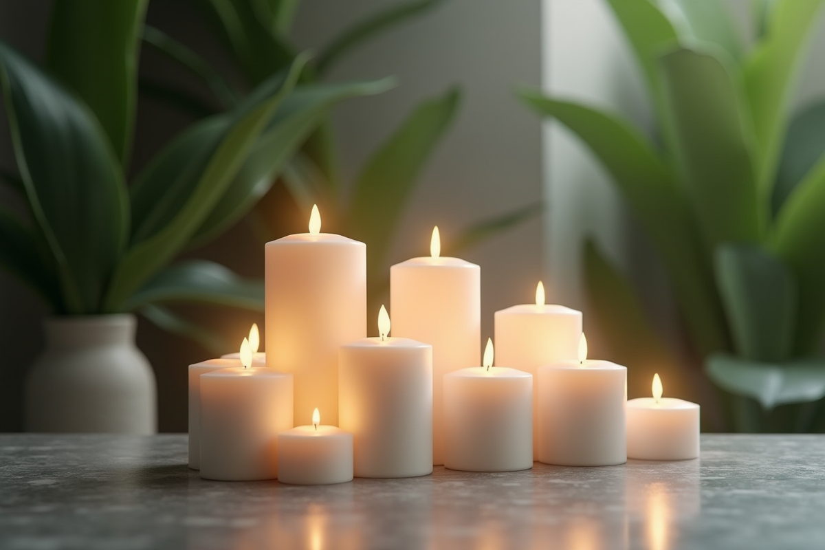 Bougies blanches de differentes hauteurs dans spa tranquil