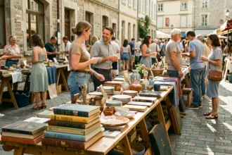 Braderie de rue animée avec étals de brocante et objets d'occasion sur pavés