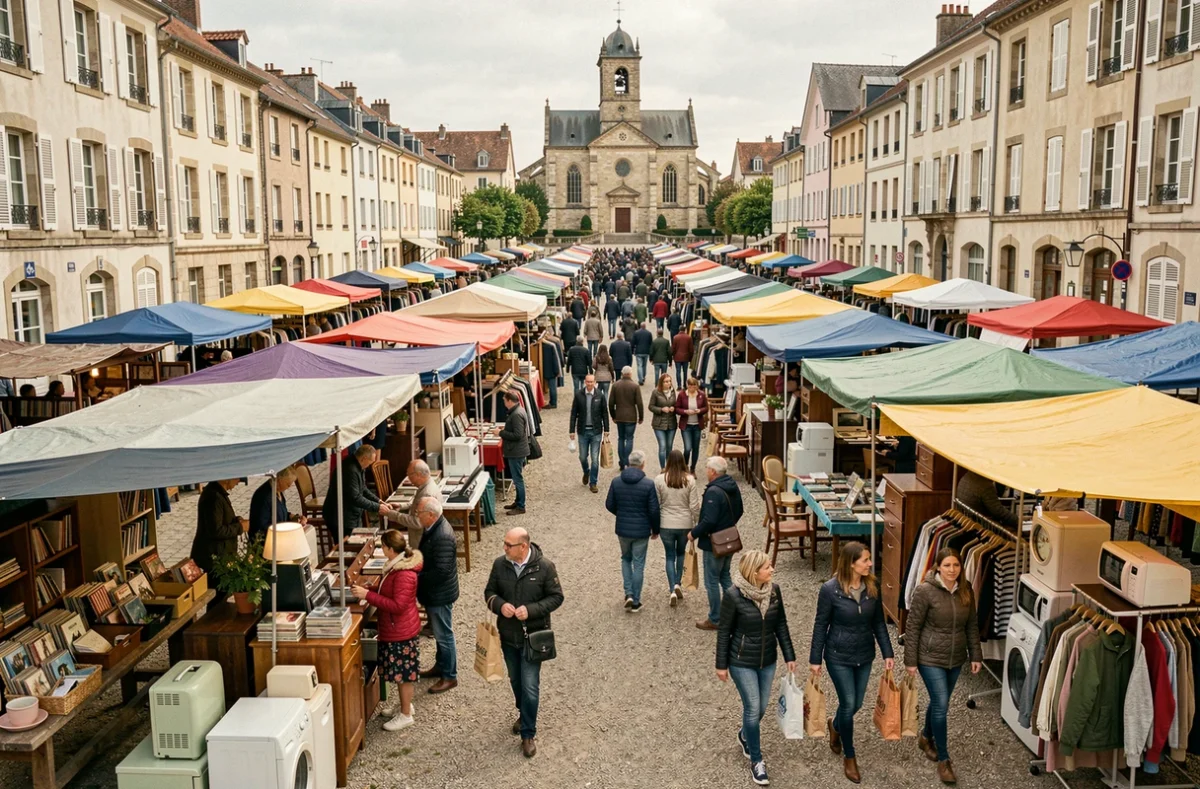 Vue d'ensemble d'une grande braderie de week-end sur une place de ville française