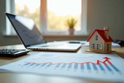 Bureau moderne avec documents financiers et calculatrice immobilière