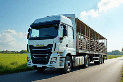 Camion moderne pour bovins stationne en campagne ensoleillee