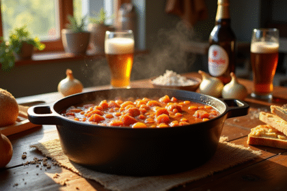 Carbonade flamande dans une cocotte en fonte sur une table en bois