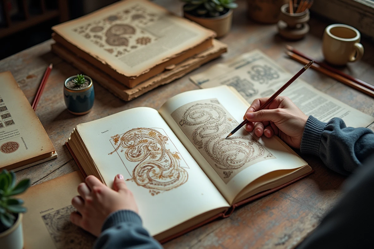 Gros plan sur un carnet de croquis mêlant motifs islamiques et iconographie andine sur la table de travail d'une artiste