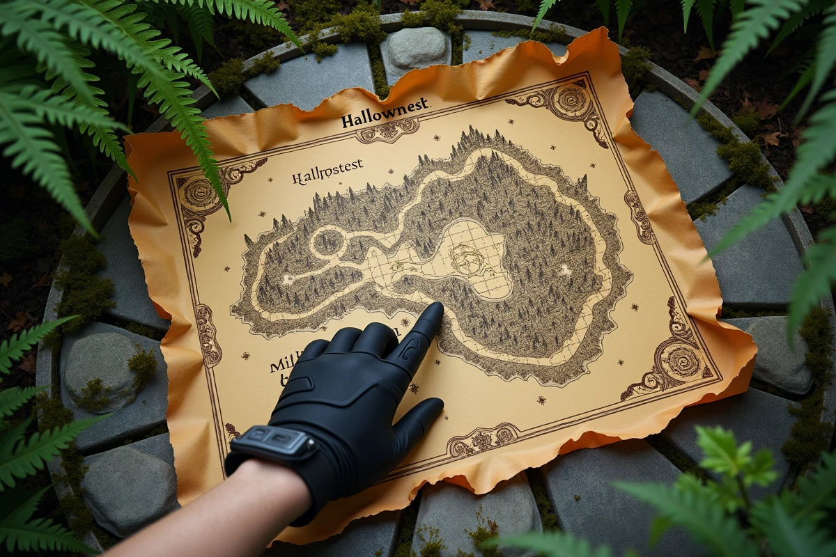 Carte Hallownest sur pierre avec main gantée en extérieur