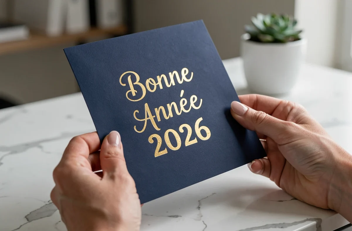 Femme tenant une carte de vœux bonne année 2026 en bleu marine et dorure sur bureau en marbre