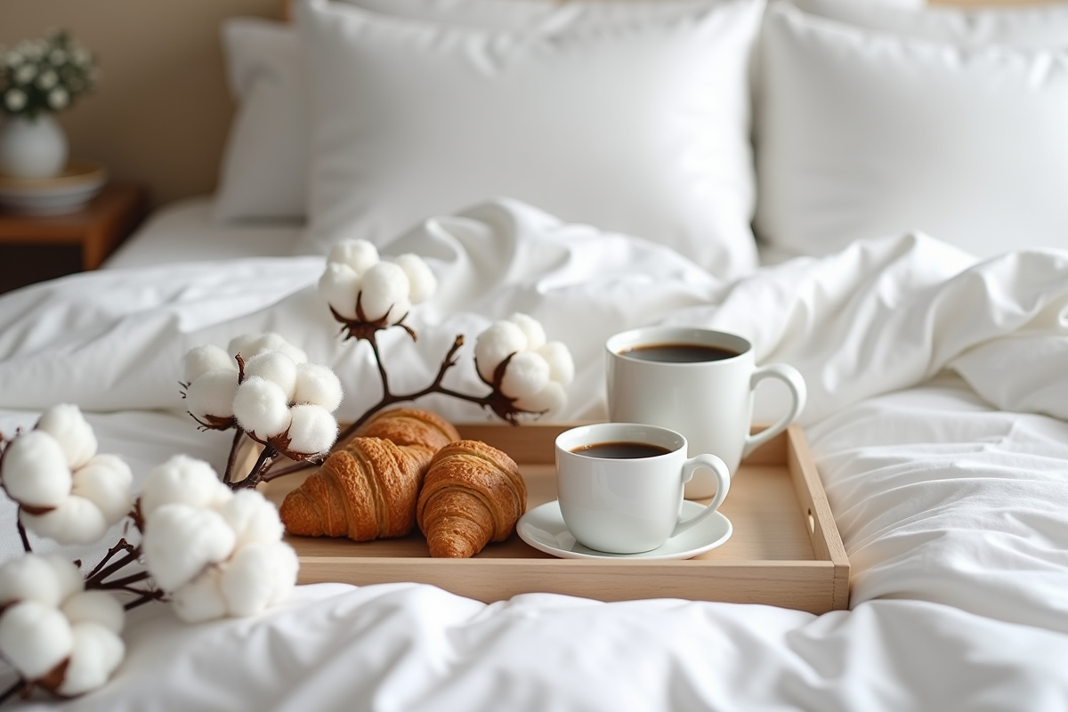 Chambre avec linge de coton blanc et petit déjeuner sur le lit