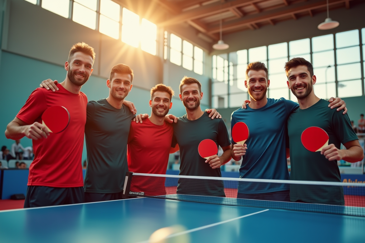 Champions de tennis de table posant avec leurs raquettes