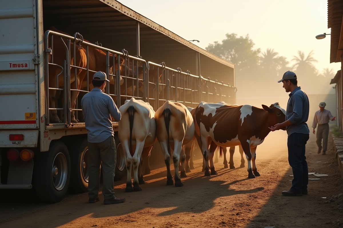 Vaches chargees dans un camion a la ferme au petit matin