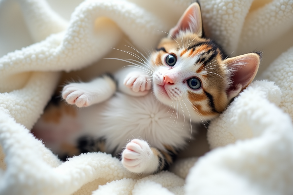 Chaton calico joue sur une couverture blanche