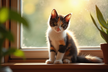 Chaton calico assis sur une fenetre ensoleillee