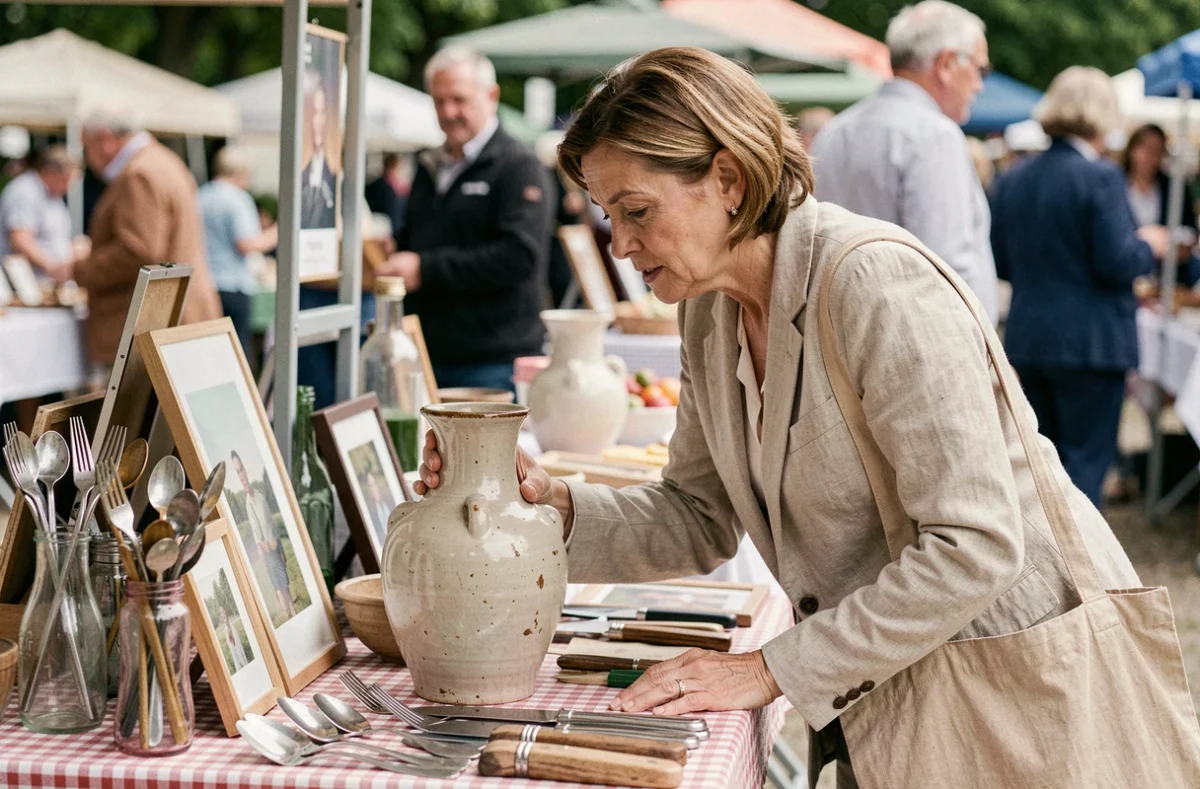 Femme chinant un vase vintage sur un étal de braderie en plein air