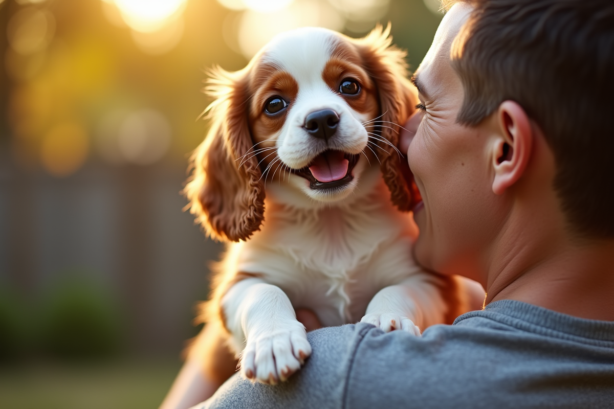 Chiot cavalier dans le jardin avec ses propriétaires souriants