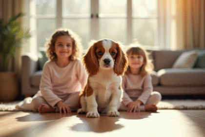 Chiot cavalier King Charles avec enfants dans le salon lumineux
