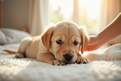 Chiot golden retriever dans une nurserie lumineuse et chaleureuse