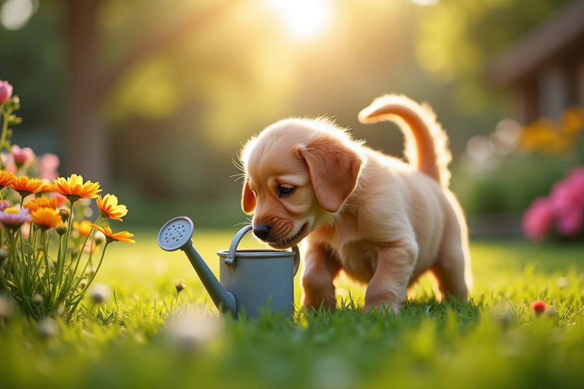 Chiot golden retriever jouant dans un jardin ensoleille avec des fleurs