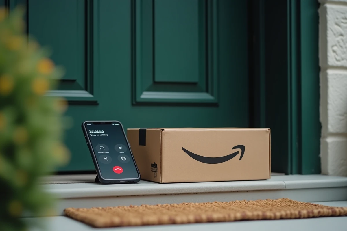 Colis Amazon sur un pas de porte avec un smartphone affichant un appel manqué d'un numéro suspect