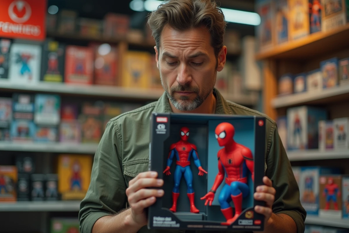 Collectionneur examinant une figurine Spider-Man premium dans une boutique de collectibles, étude des matériaux et de la finition de l'emballage